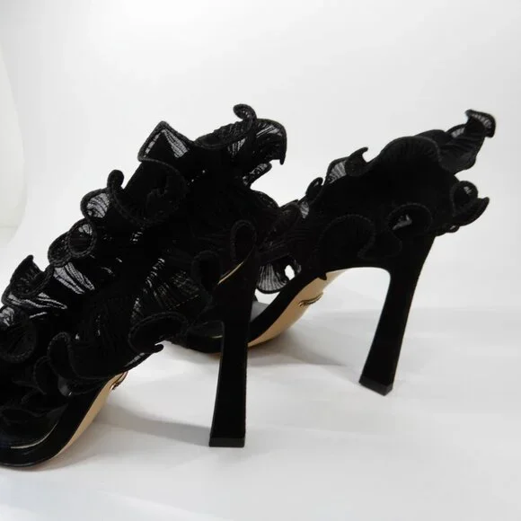 Gianni Bini Franz Sandals High Heels Size 6 Black Suede Chiffon Ruffle NEW - Picture 9 of 15